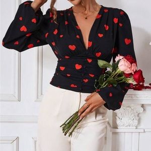 Black Plunge VNeck Heart Pleated Smocked Waist Button Lantern Sleeve Top Blouse